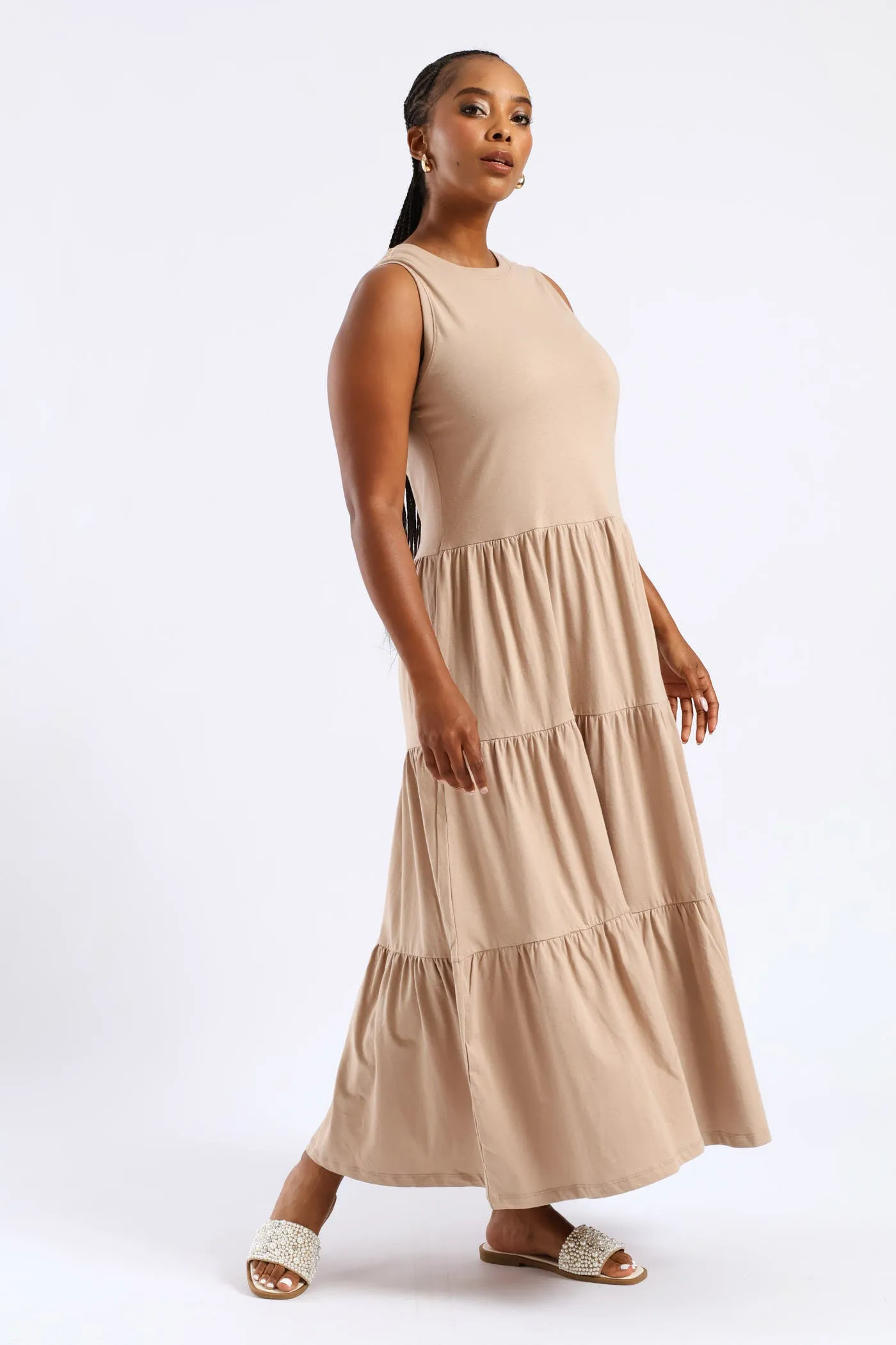 Rib Neck Tiered Cotton Midaxi Dress - Taupe sold by Edgars