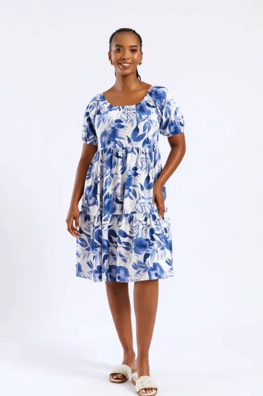 Printed Tiered Gypsy Mini Dress - White/Blue sold by Edgars