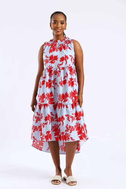 Frill Neck Tiered Hilo Flared Midi Dress - Light Blue/Red sold by Edgars 