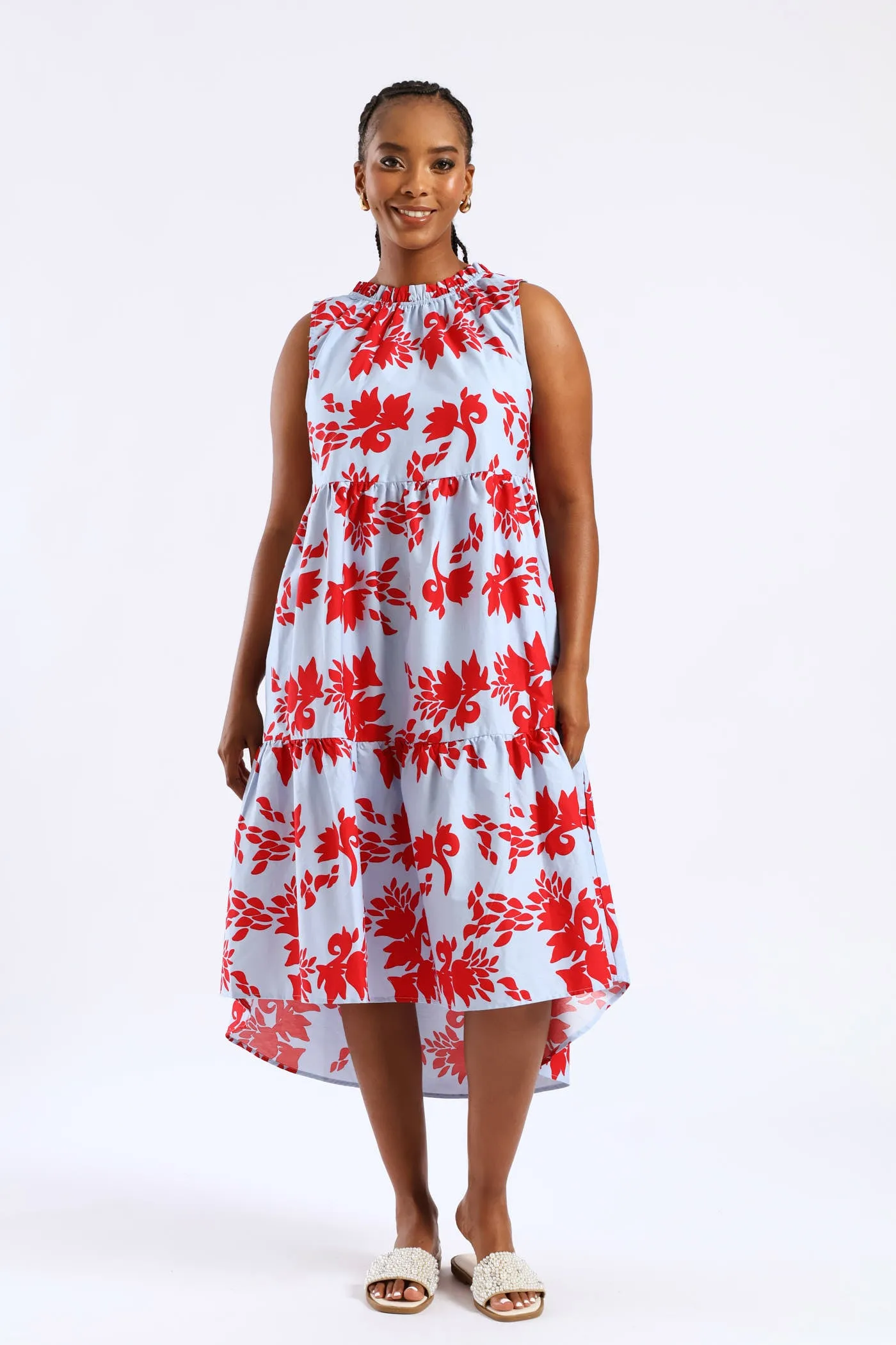 Frill Neck Tiered Hilo Flared Midi Dress - Light Blue/Red sold by Edgars