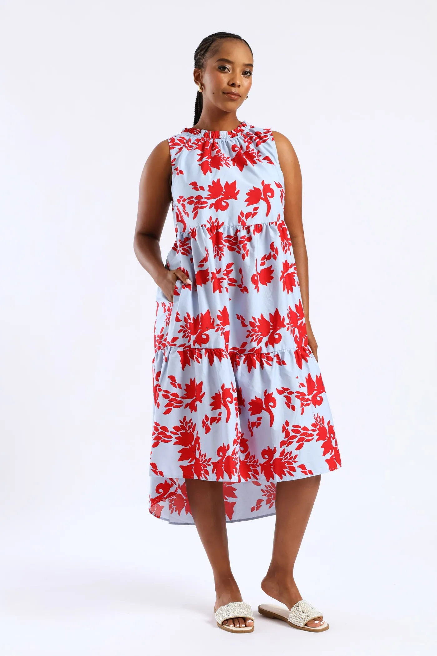 Frill Neck Tiered Hilo Flared Midi Dress - Light Blue/Red sold by Edgars product image thumbnail 4