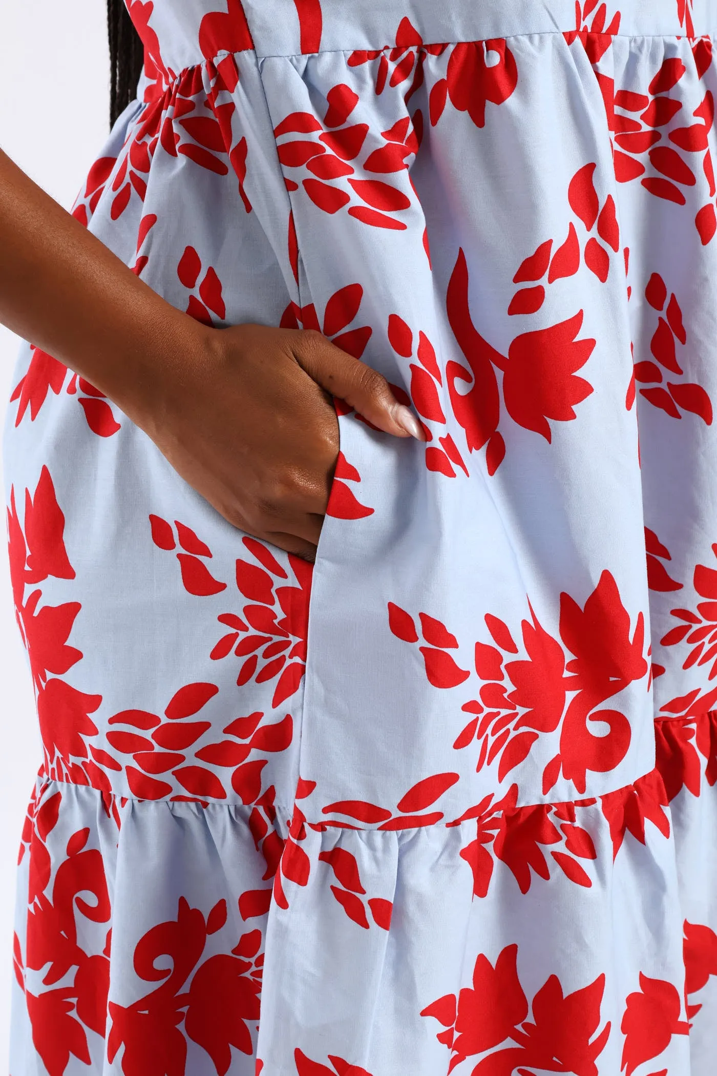 Frill Neck Tiered Hilo Flared Midi Dress - Light Blue/Red sold by Edgars product image thumbnail 3