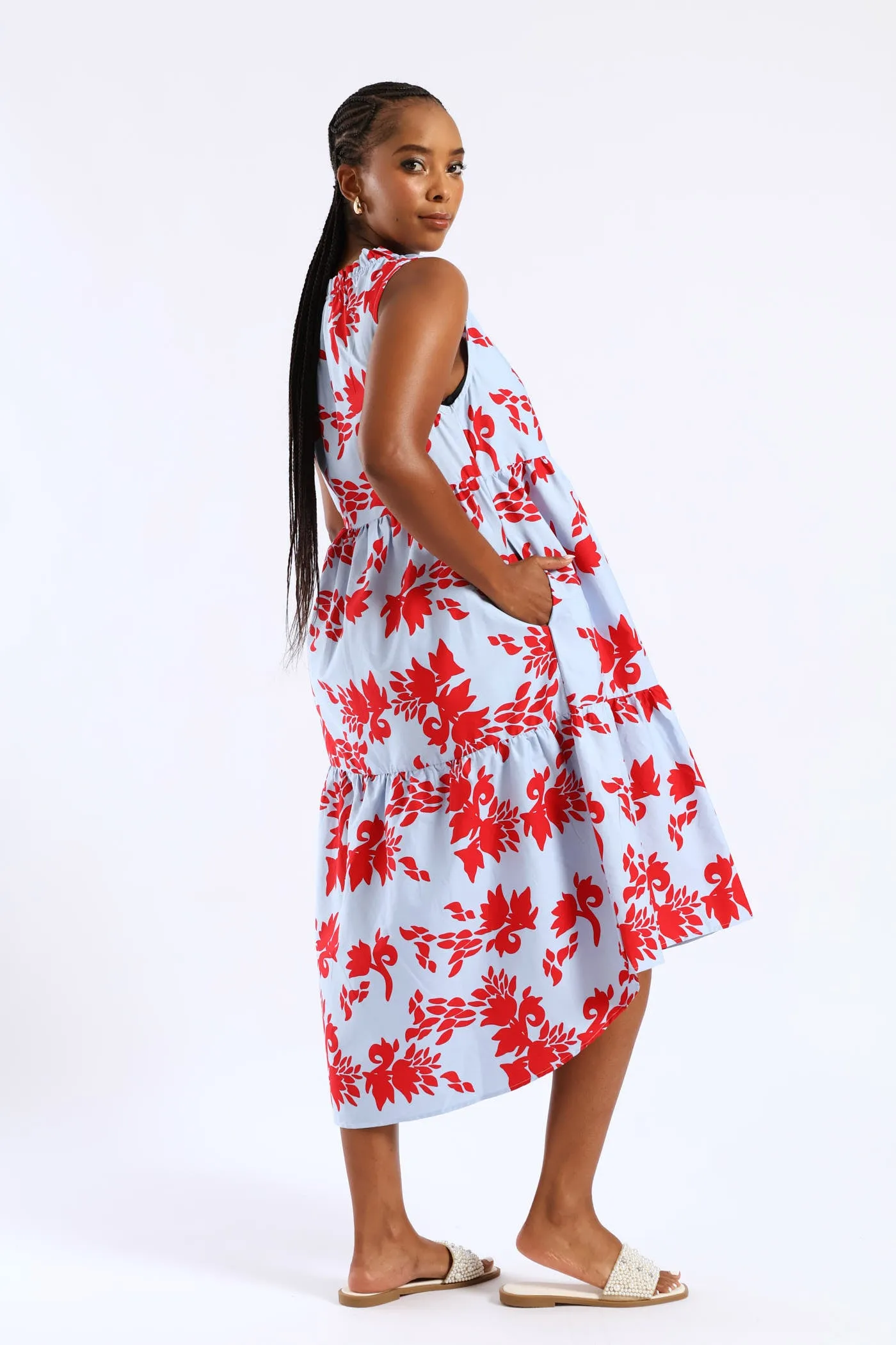 Frill Neck Tiered Hilo Flared Midi Dress - Light Blue/Red sold by Edgars product image thumbnail 5