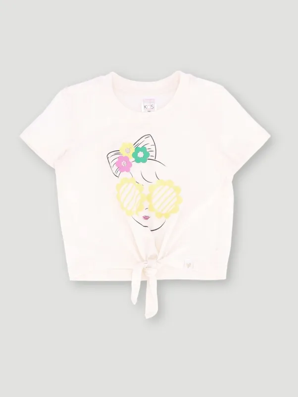 Pre-Girls Flower Glasses Tee With Tie Detail - Off White sold by Edgars