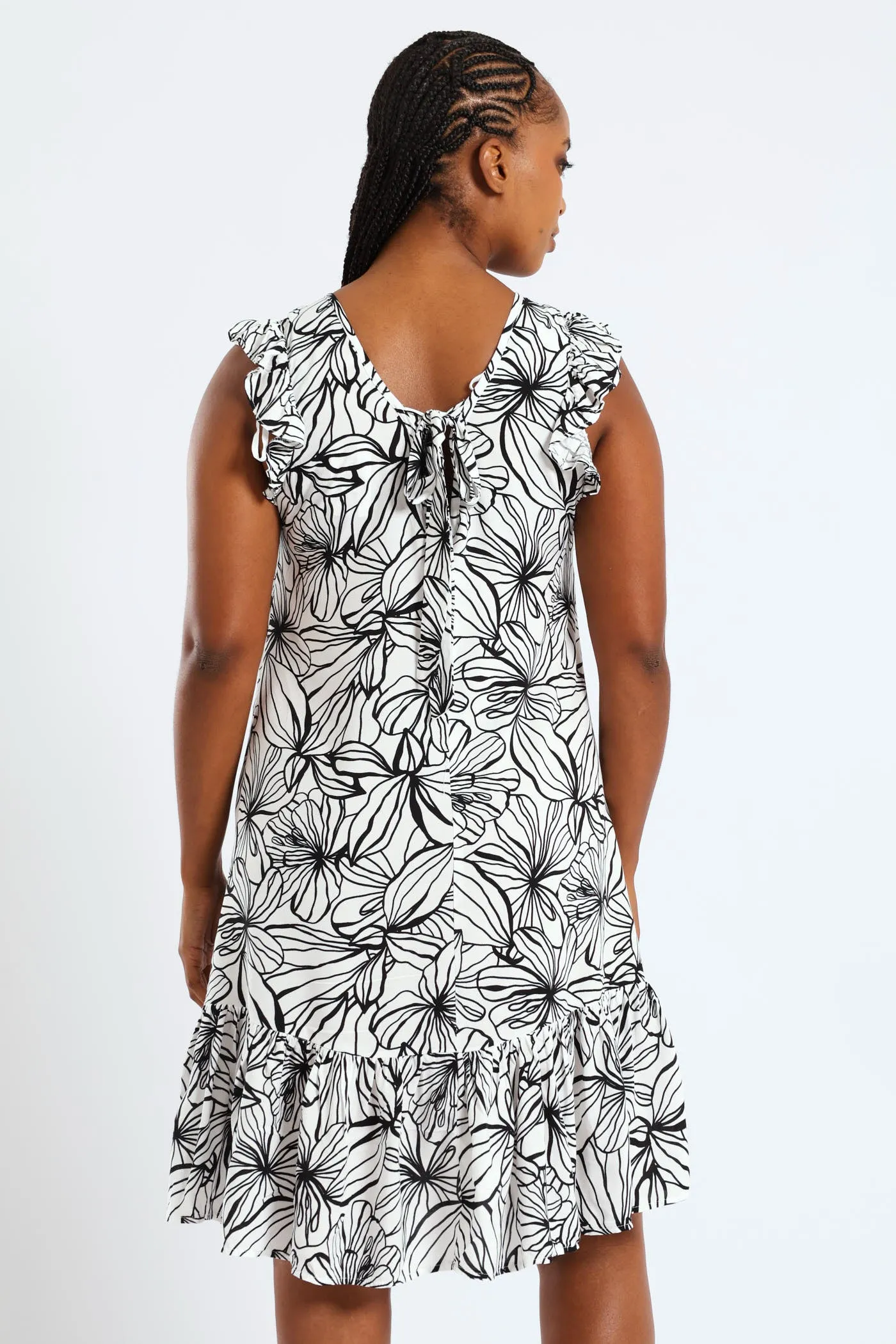 V-Neck Frill Sleeve Drop Hem Printed Mini Dress - White/Black sold by Edgars product image thumbnail 5