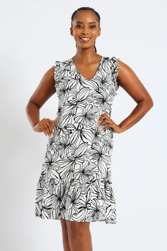 V-Neck Frill Sleeve Drop Hem Printed Mini Dress - White/Black sold by Edgars