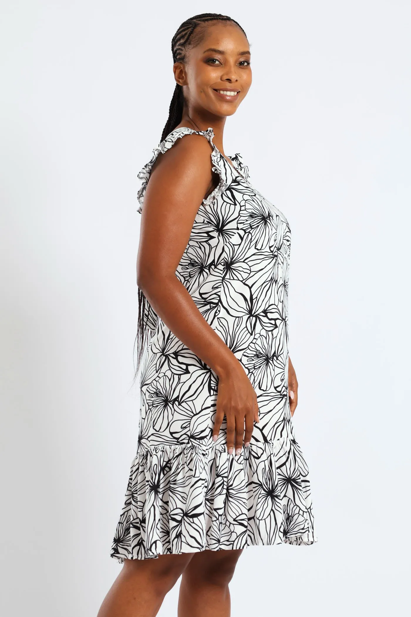 V-Neck Frill Sleeve Drop Hem Printed Mini Dress - White/Black sold by Edgars product image thumbnail 4