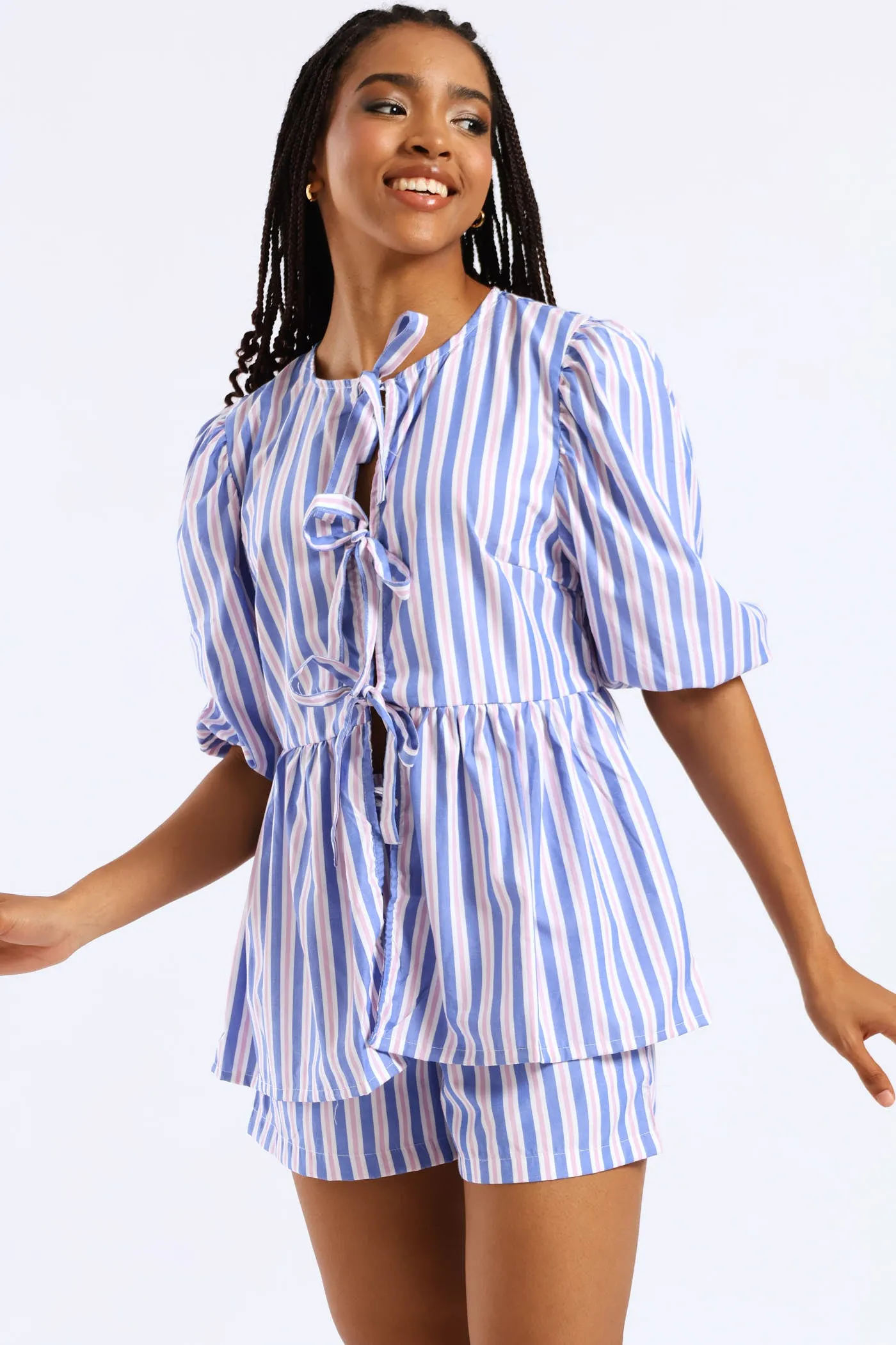 Candy Stripe Balloon Sleeve Tie Top - Blue sold by Edgars