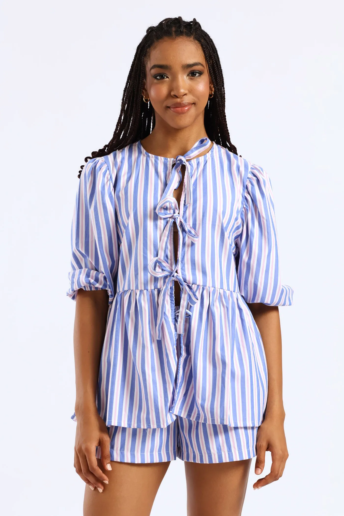 Candy Stripe Balloon Sleeve Tie Top - Blue sold by Edgars product image thumbnail 4