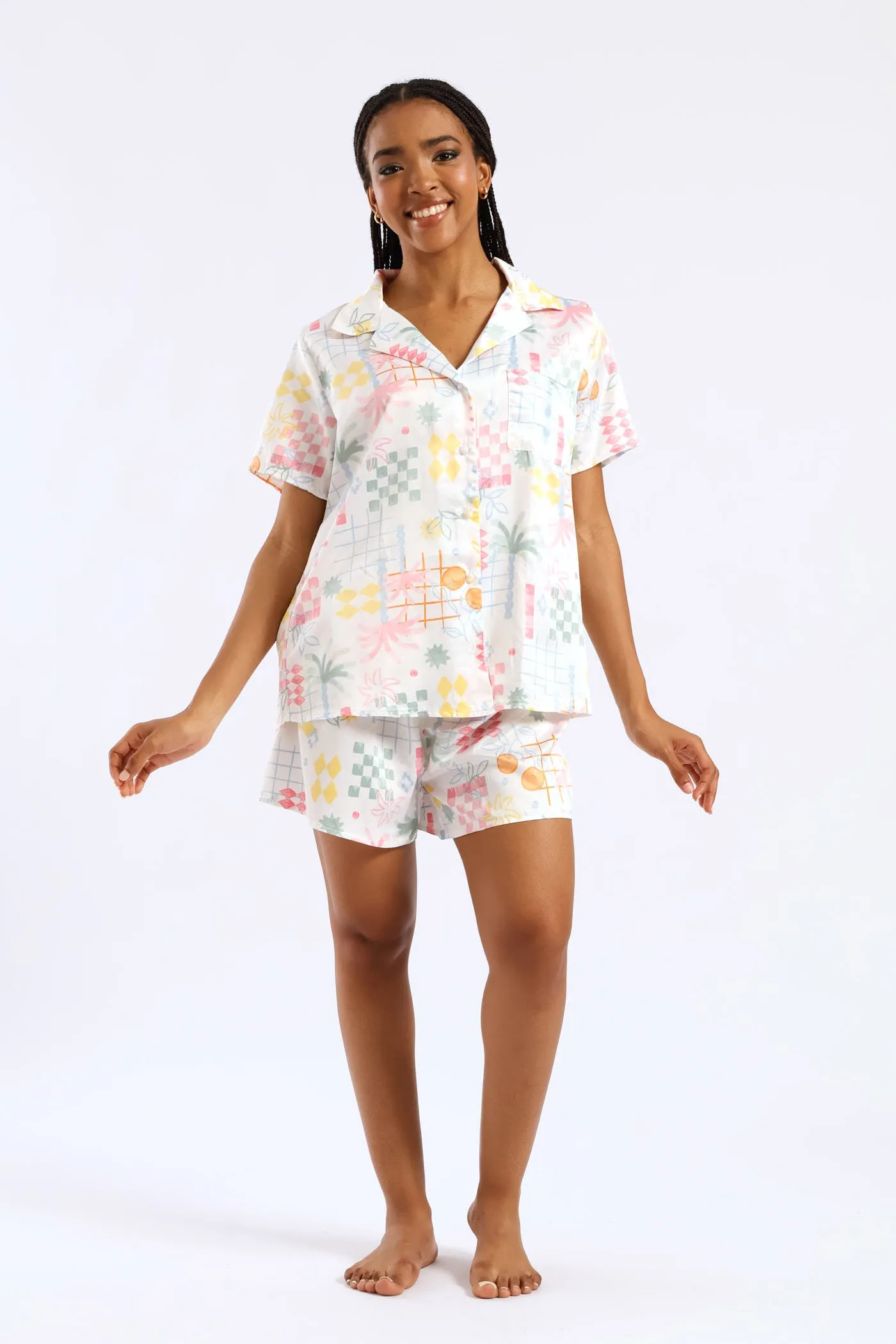 Button Through & Satin Short Set - Multi sold by Edgars