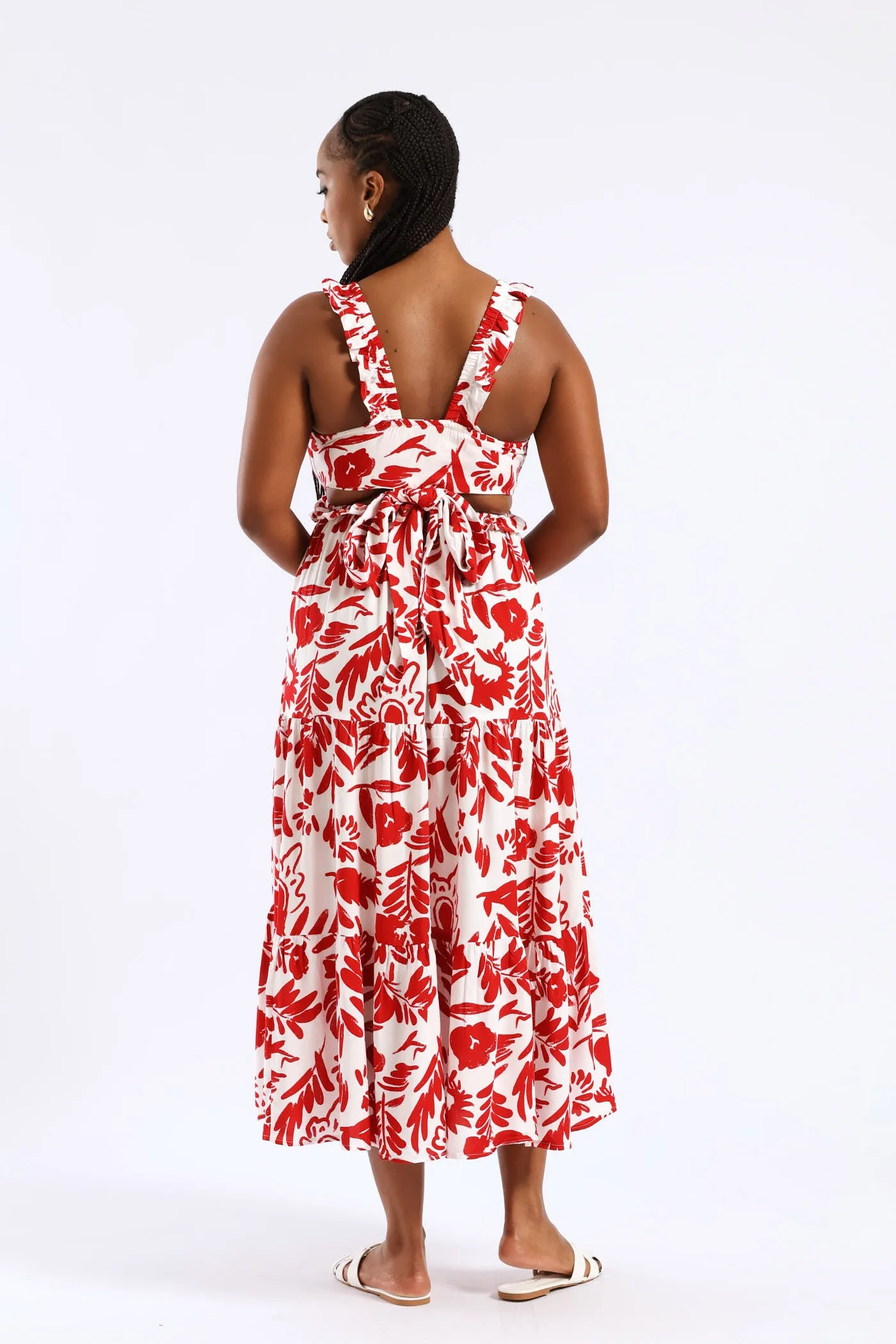 Frilly Shirred Bodice Open Back Tiered Maxi Dress - White/Red sold by Edgars product image thumbnail 2