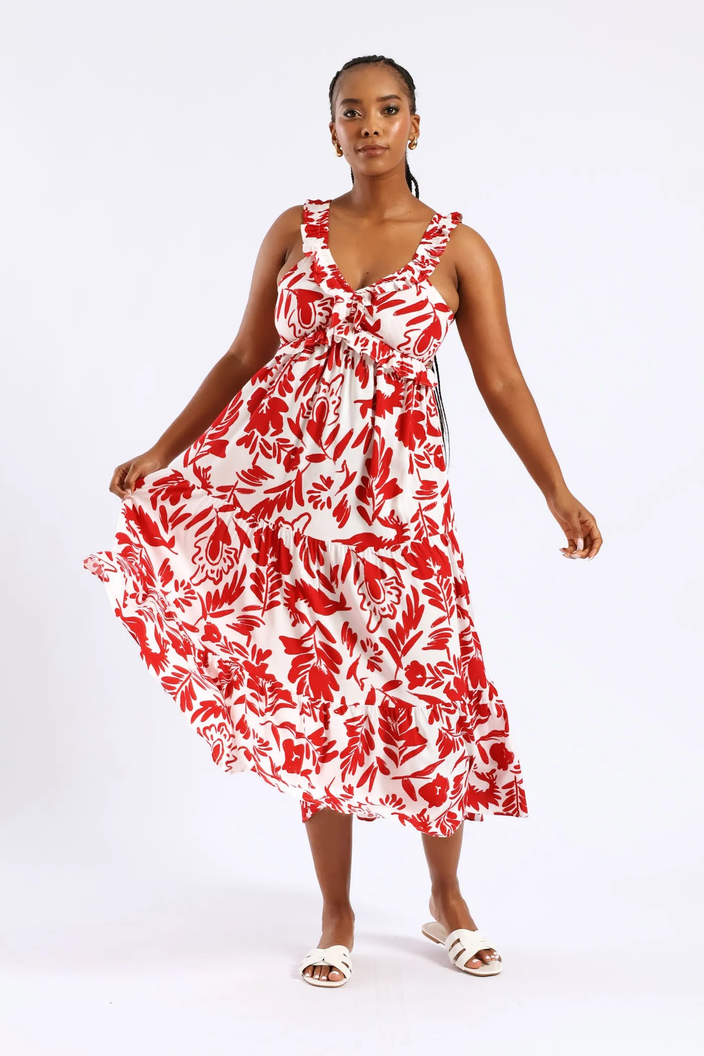 Frilly Shirred Bodice Open Back Tiered Maxi Dress - White/Red sold by Edgars