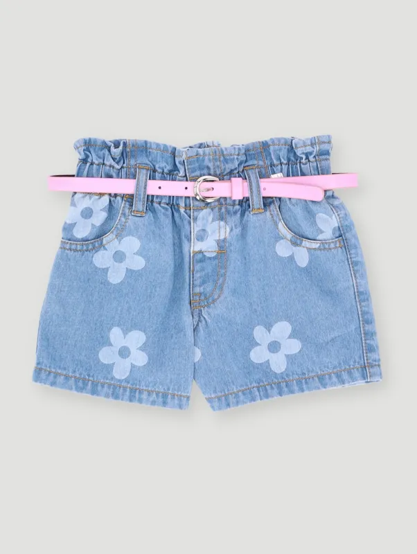 Pre- Girls Floral Printed Paperbag Shorts - Light Wash sold by Edgars