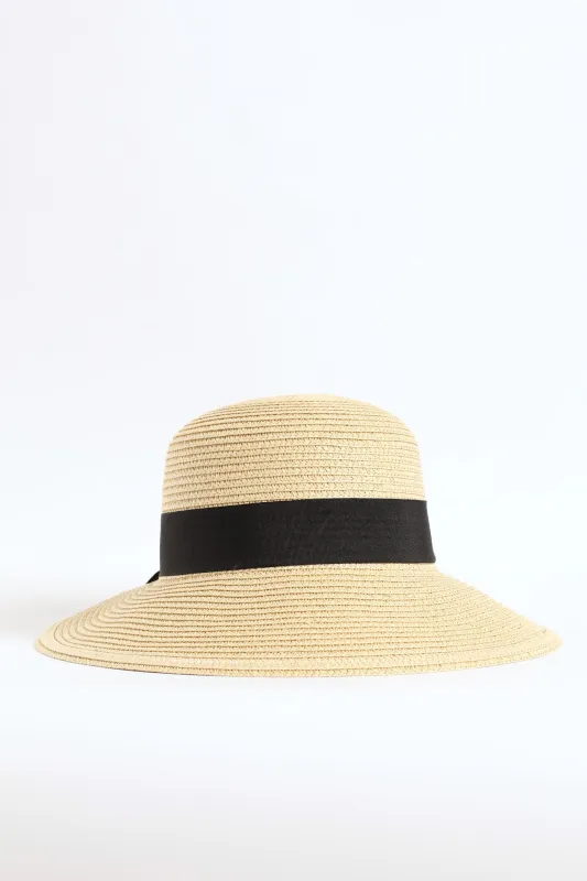 Ribbon Scalloped Back Straw Hat - Beige sold by Edgars