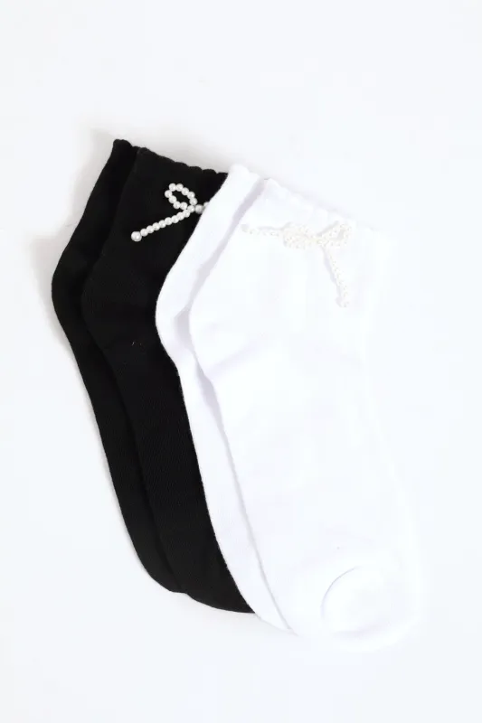 2 Pack 3D Pearl Bow Mid Crew Socks - Black/White sold by Edgars