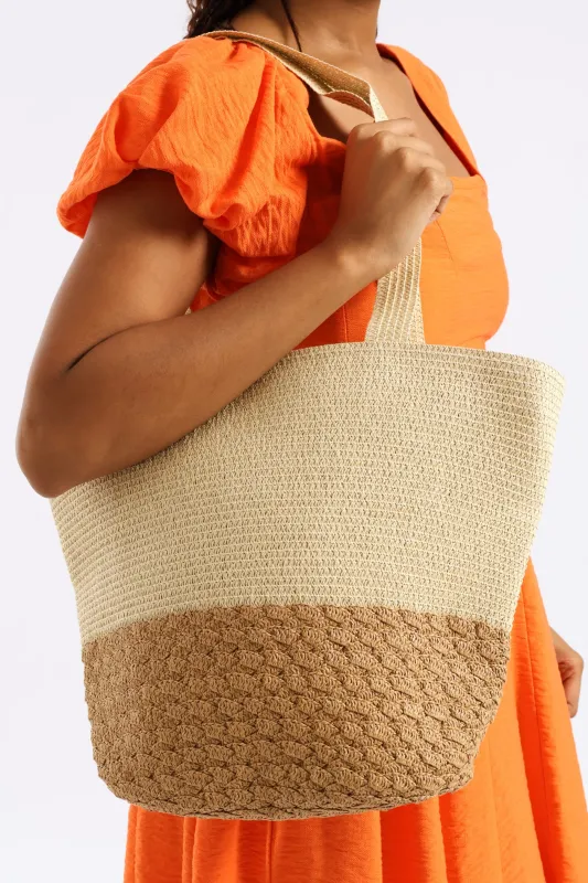 Colourblock Straw Shopper - Cream sold by Edgars