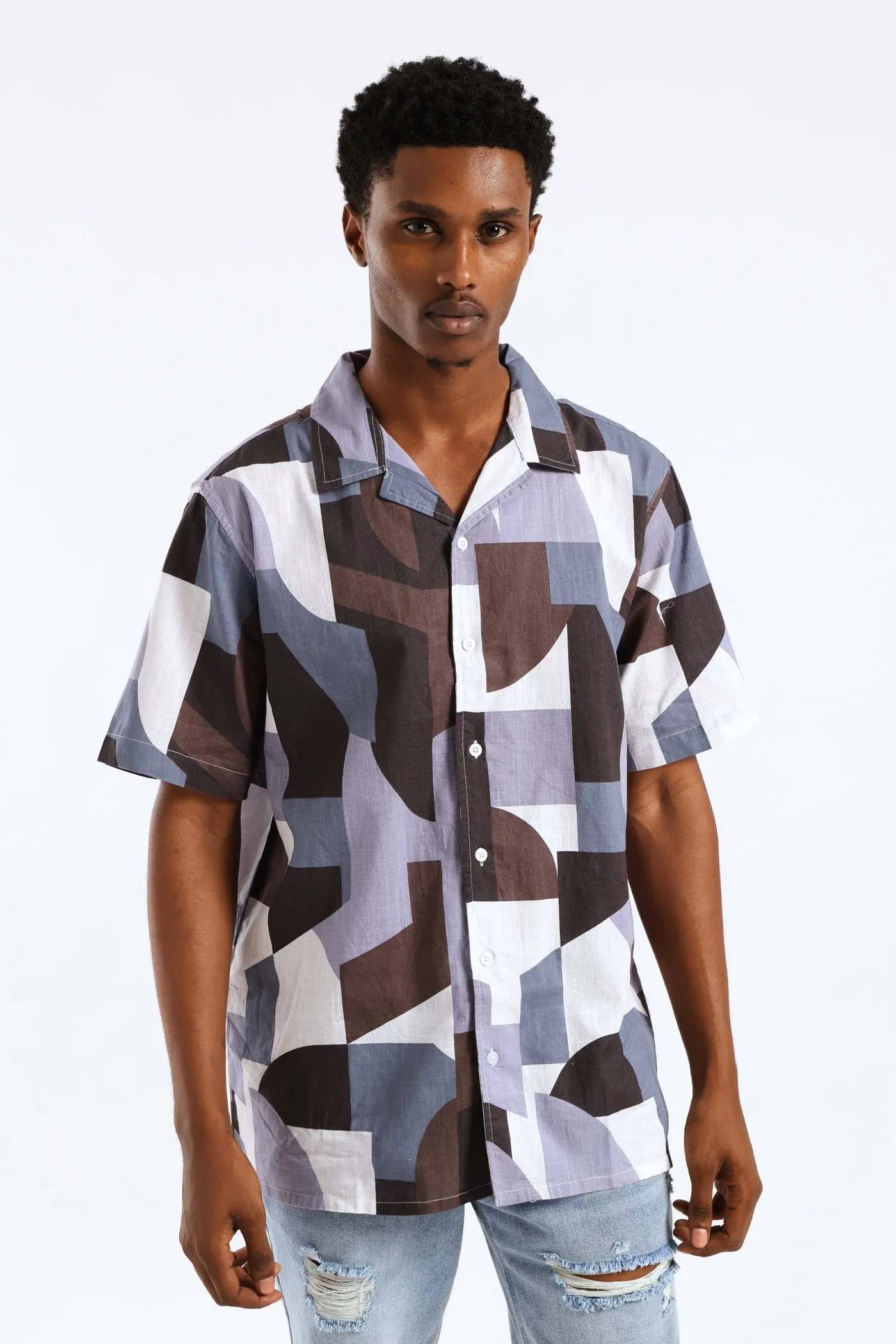 Geo Cotton Slub Print Shirt - Light Blue sold by Edgars