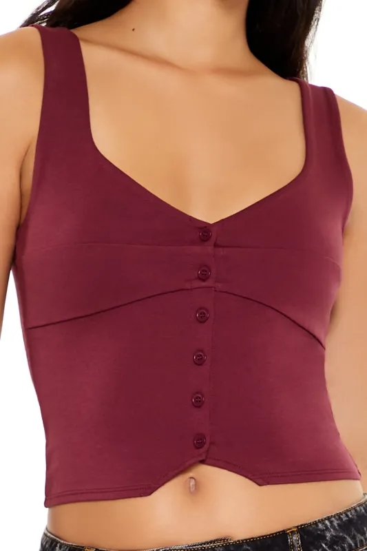 Ponte Knit Button-Front Crop Top - Burgundy sold by Edgars