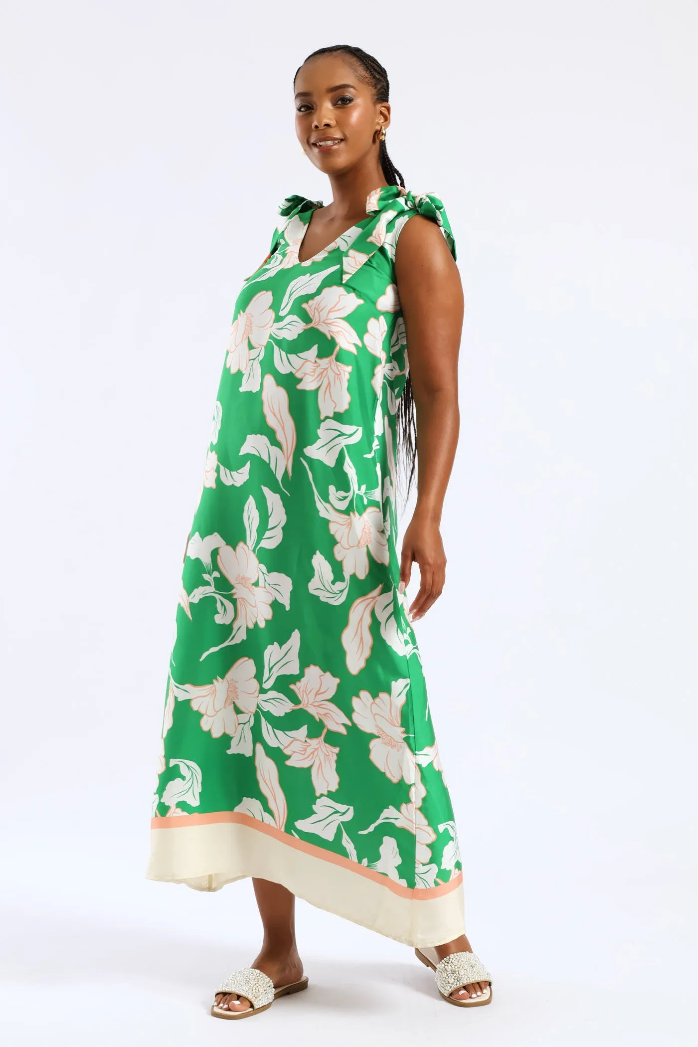 Bow Ties V-Neck Border Print Midaxi Dress - White/Green sold by Edgars