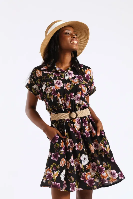 Short Sleeve Raffia Belt Utility Mini Dress - Multi sold by Edgars