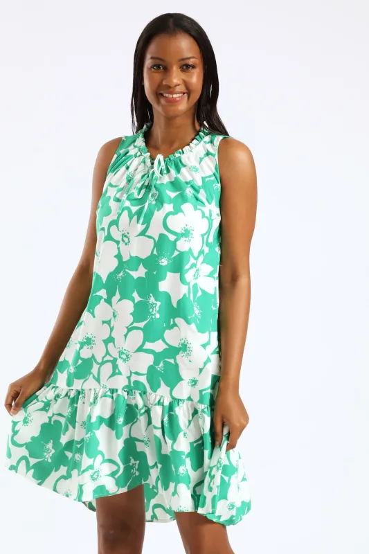 Frill Neck Printed Drop Hem Dress - White/Green sold by Edgars
