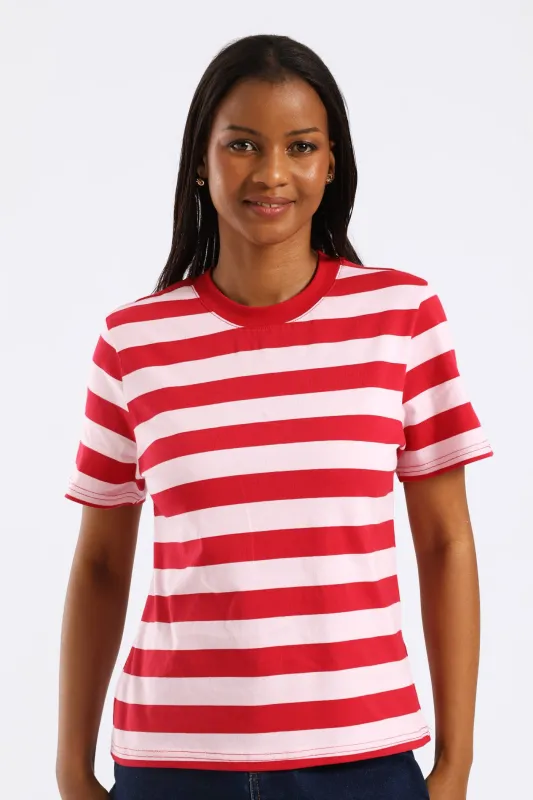 Boxy Regular Stripe Rib Neck Tee - Red/Pink sold by Edgars