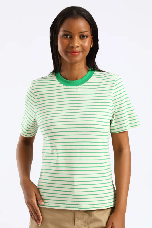 Boxy Plain Rib Neck Skinny Stripe Tee - Cream/Green sold by Edgars