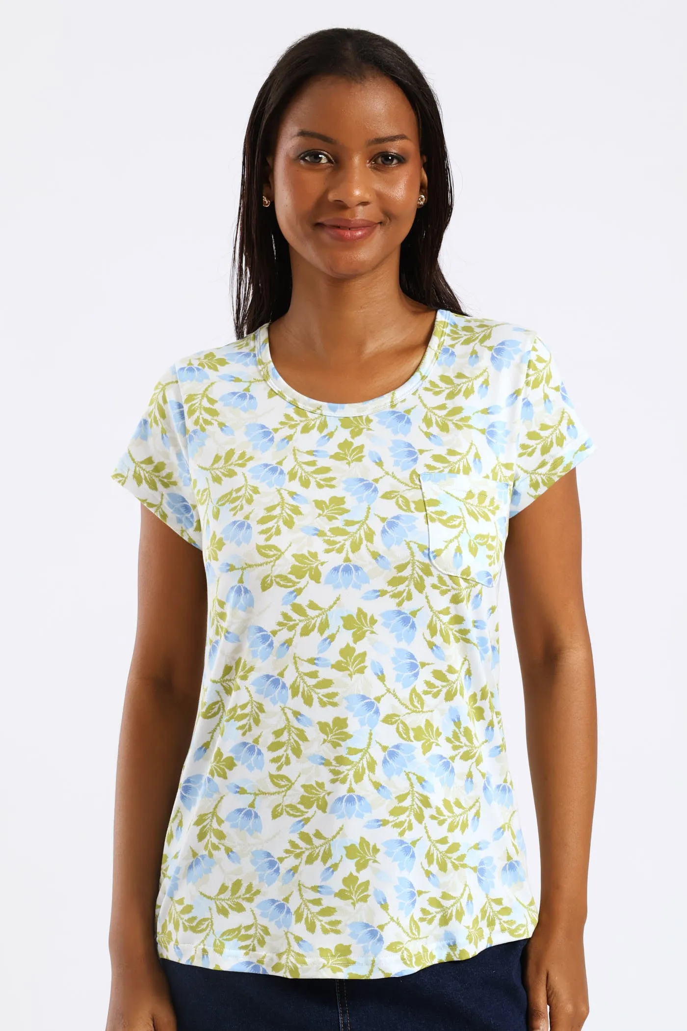 Soft Floral Leaves Print Pocket Tee - Green/Blue sold by Edgars