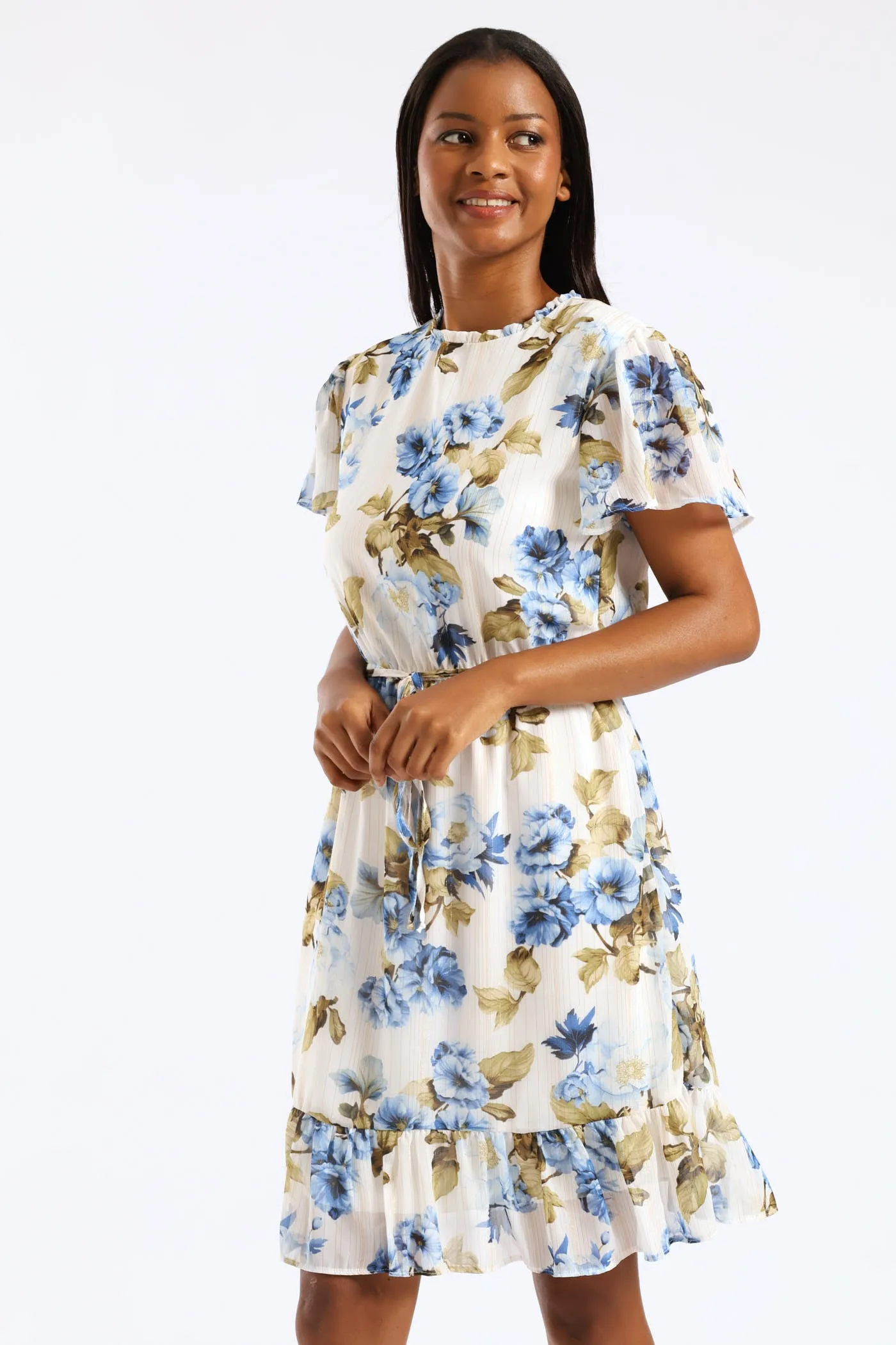 Tie Up Flutter Sleeve Tea Dress - Cream/Blue sold by Edgars product image thumbnail 3