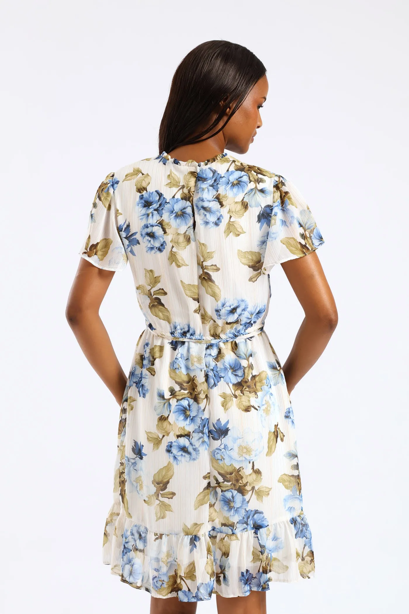 Tie Up Flutter Sleeve Tea Dress - Cream/Blue sold by Edgars product image thumbnail 4