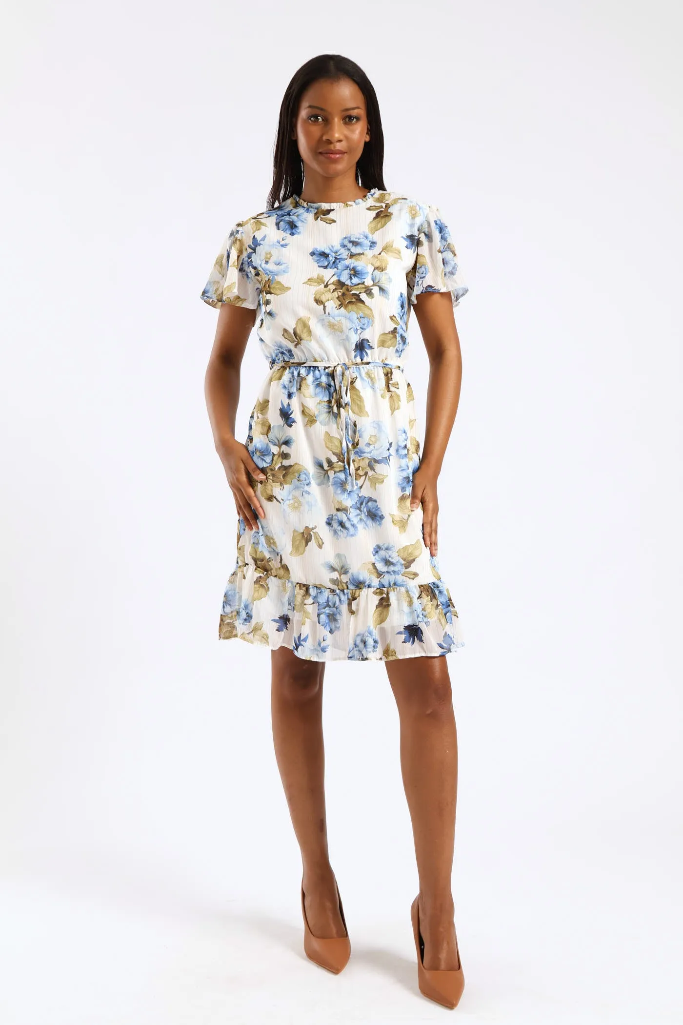 Tie Up Flutter Sleeve Tea Dress - Cream/Blue sold by Edgars product image thumbnail 2