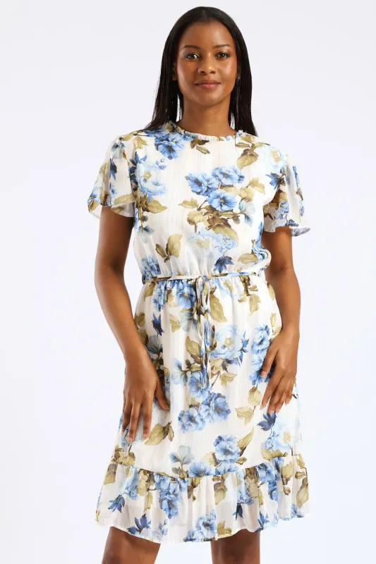 Tie Up Flutter Sleeve Tea Dress - Cream/Blue sold by Edgars