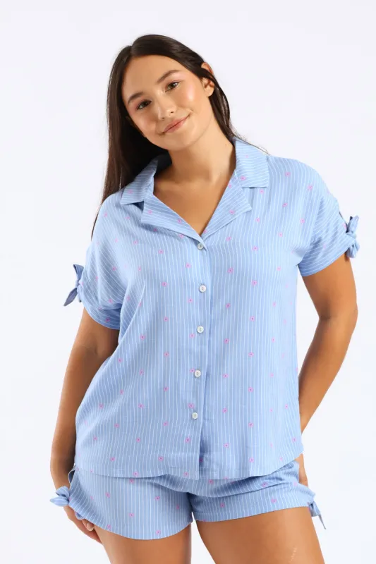 Bow Detail Button Through Linen Blend Set - Blue sold by Edgars