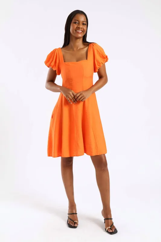Bubble Short Sleeve Square Neck Pannelled Mini Dress - Orange sold by Edgars