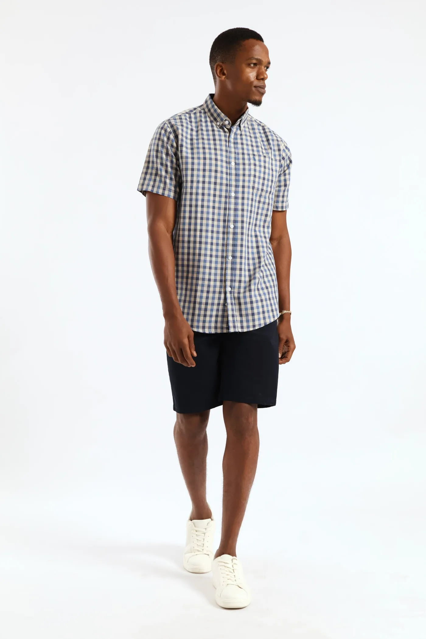 Short Sleeve Check Button Down Shirt - Taupe/Navy sold by Edgars