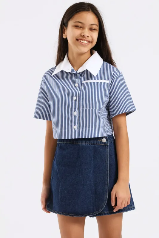 Girls Contrast Collar Cropped Shirt - Blue sold by Edgars