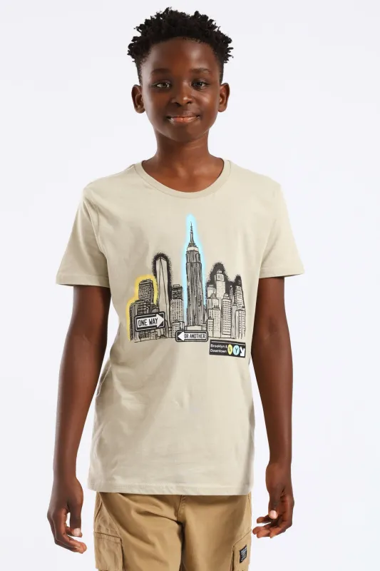 Boys Nyc Cityscape Print Tee - Olive sold by Edgars