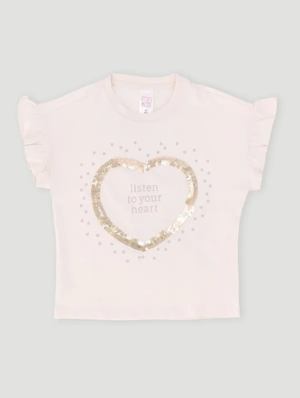 Pre-Girls Heart Sequin Tee - Cream sold by Edgars