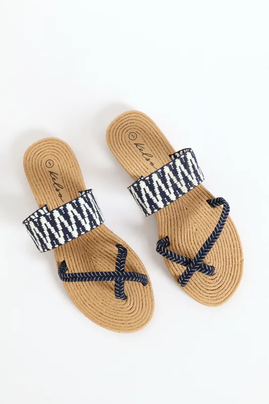 Aztec Print Toe Post Sandal - Navy/White sold by Edgars