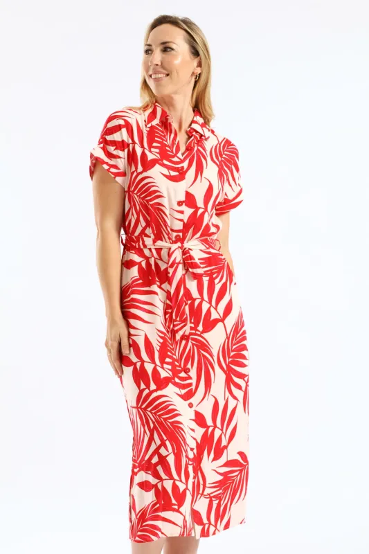 Belted Printed Midi Shirt Dress - Stone/Red sold by Edgars