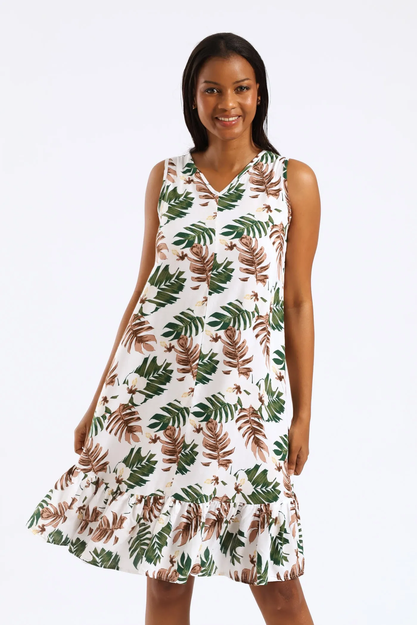 Frill Hem Hi-Lo Printed Shift Mini Dress - White sold by Edgars