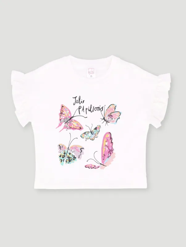 Pre- Girls Butterfly Sequins Tee - White sold by Edgars