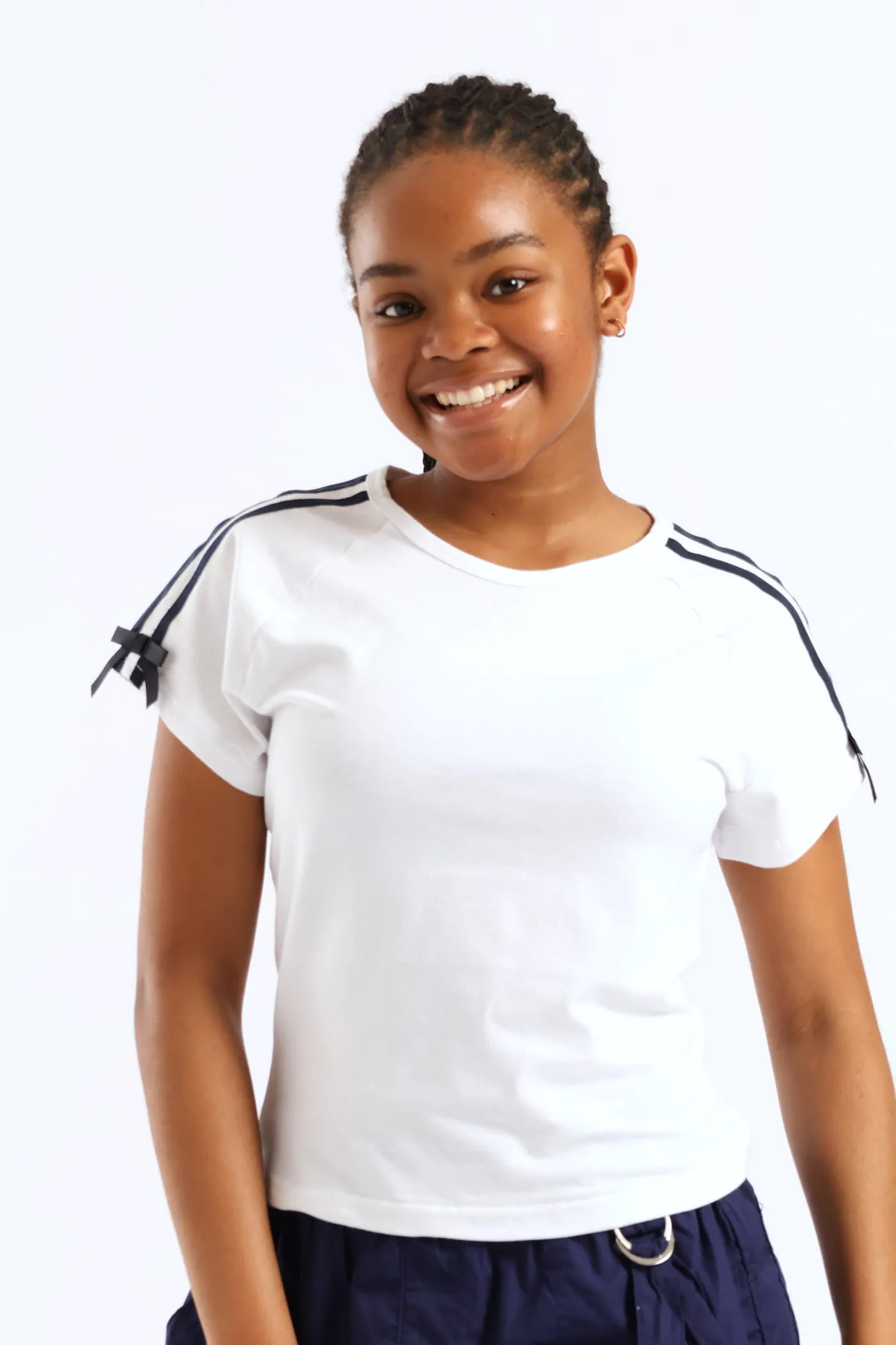 Girls Tape Detail Sleeve Bow Tee - White sold by Edgars