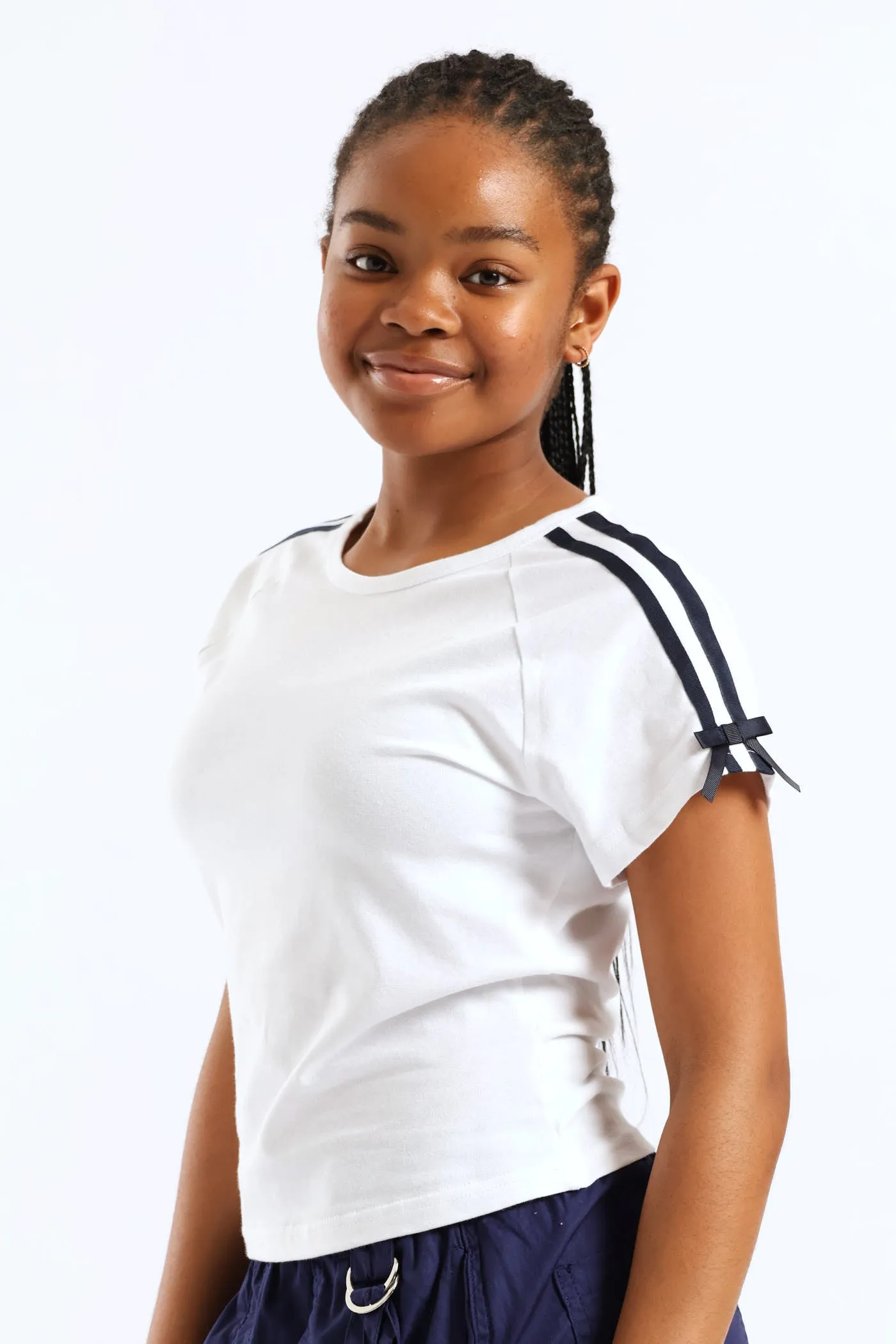 Girls Tape Detail Sleeve Bow Tee - White sold by Edgars product image thumbnail 3