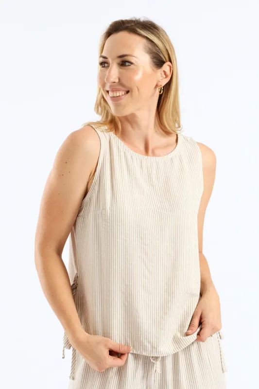 Pinstripe Shell Side Ties Tank - White/Beige sold by Edgars