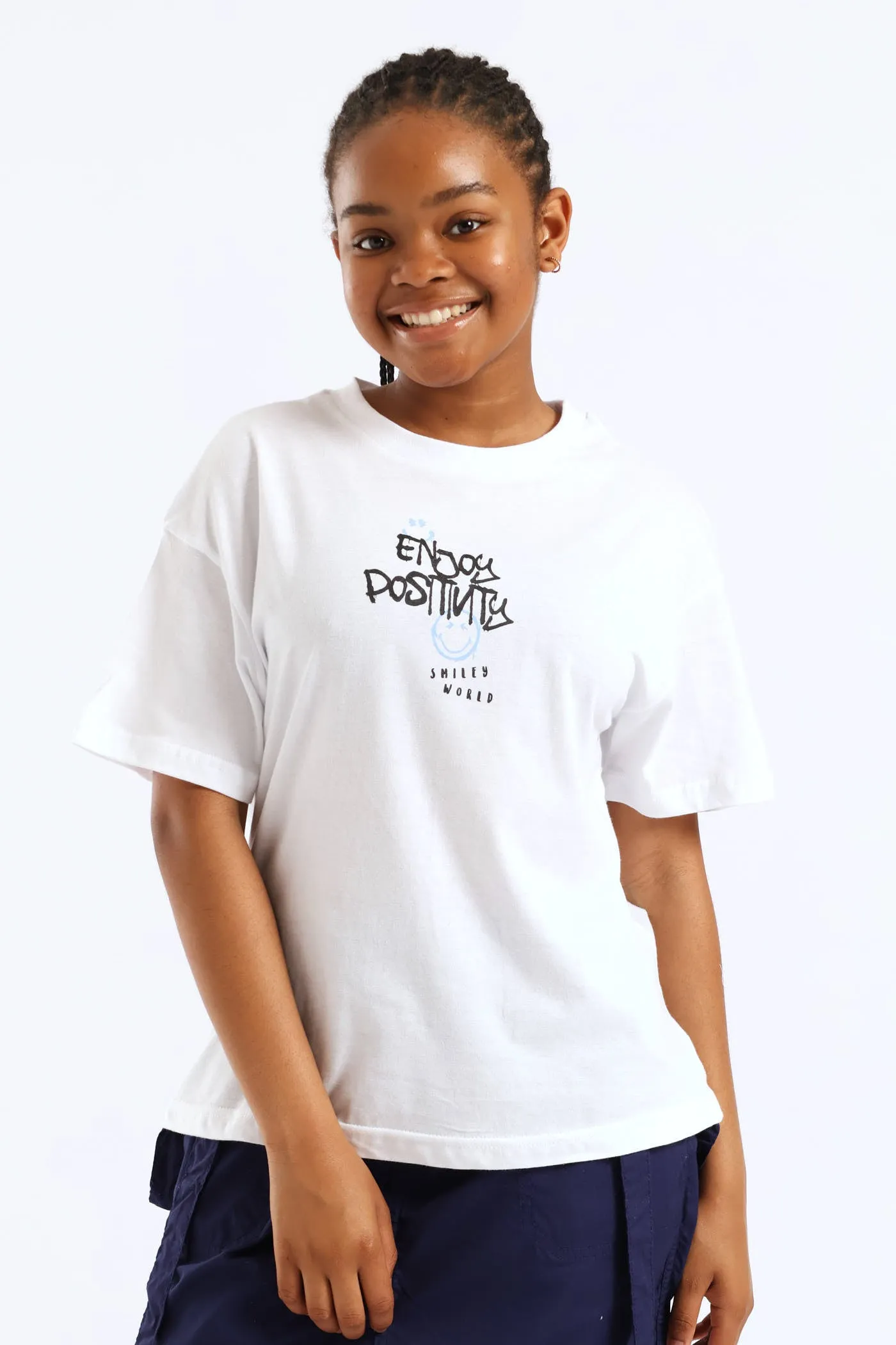Girls Smiley Graphic Oversized Tee - White sold by Edgars