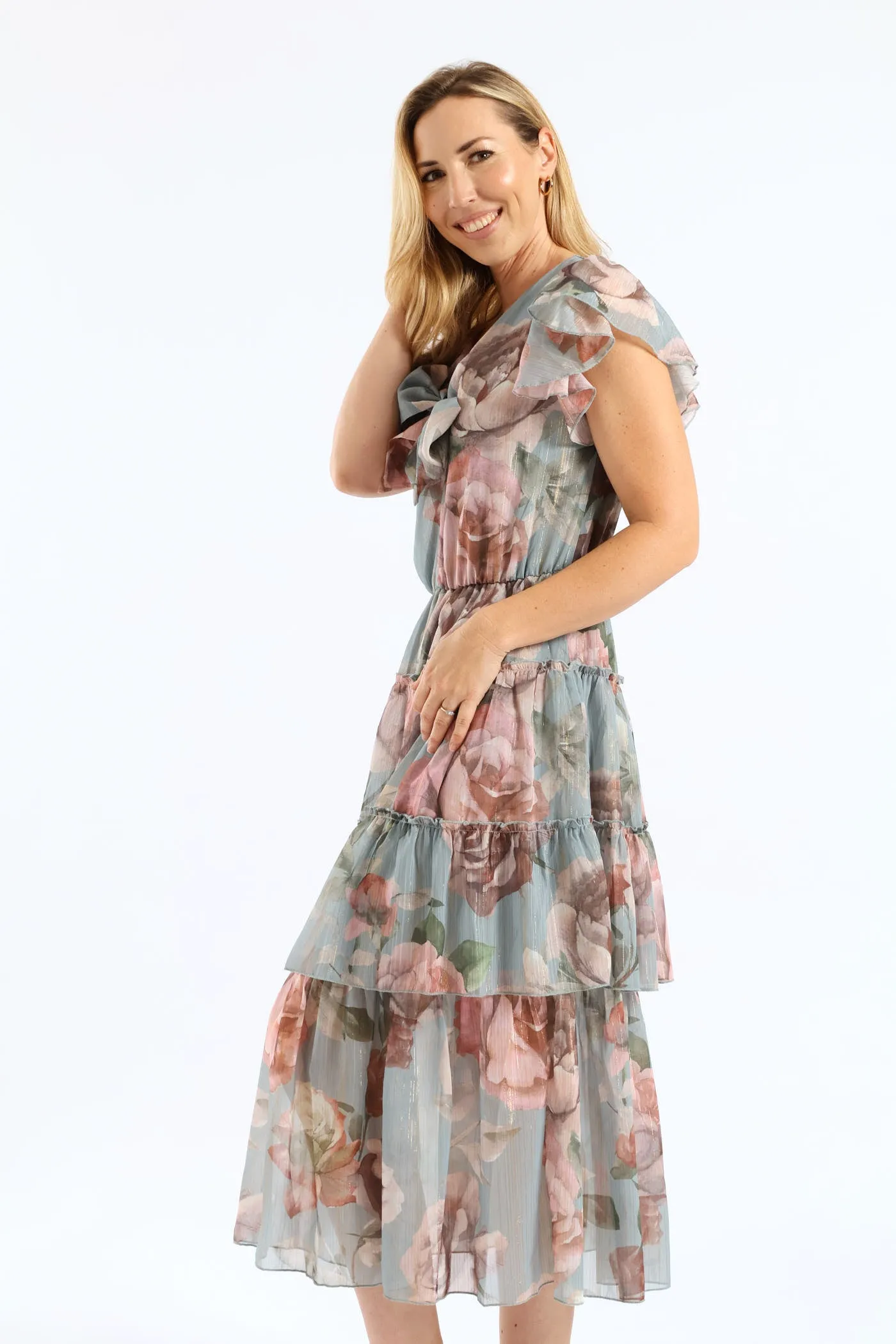 Tie Front Floral Flutter Sleeve Maxi Dress - Sage sold by Edgars product image thumbnail 5