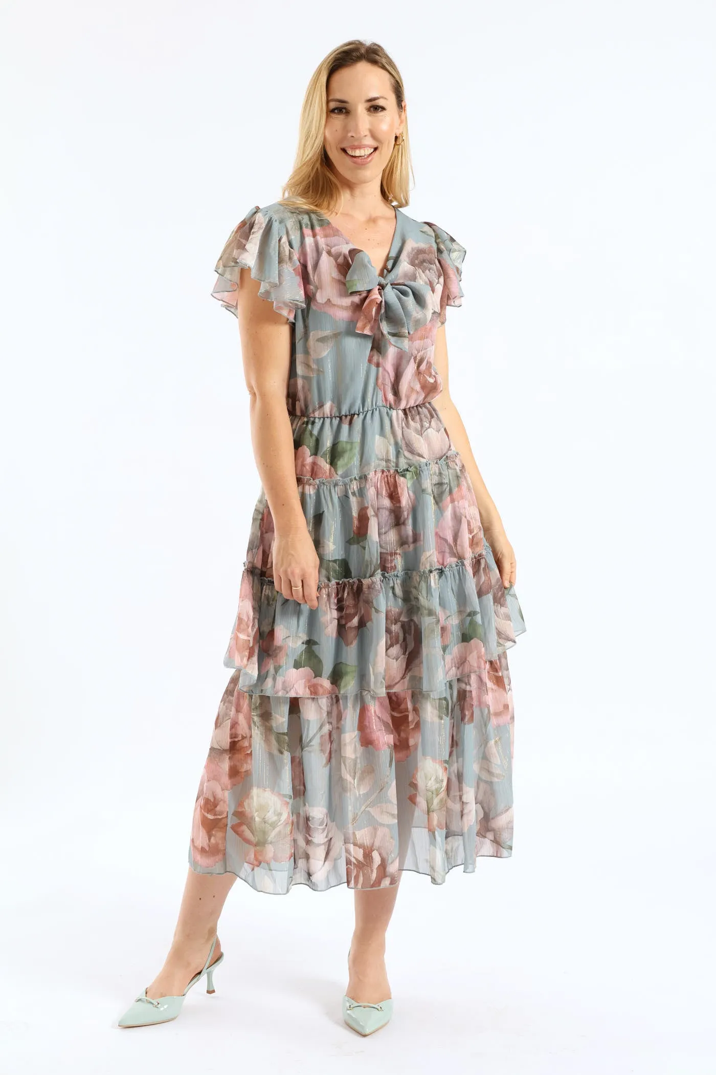 Tie Front Floral Flutter Sleeve Maxi Dress - Sage sold by Edgars