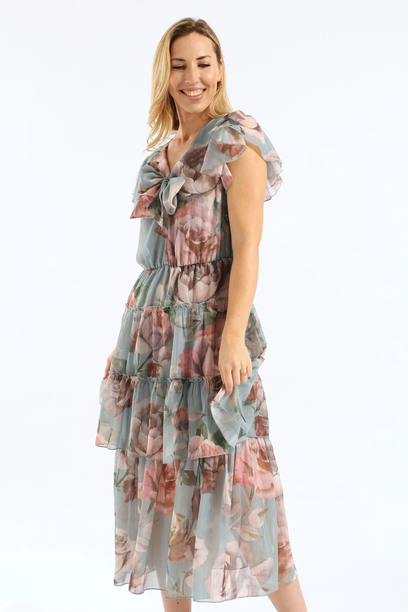 Tie Front Floral Flutter Sleeve Maxi Dress - Sage sold by Edgars product image thumbnail 4