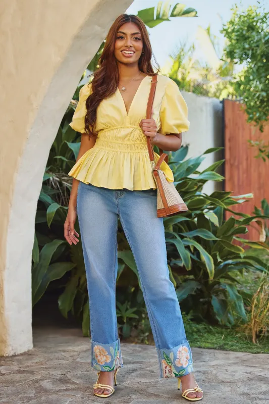 Embroidered Turn Up Hem Straight Leg Jean - Light Wash sold by Edgars